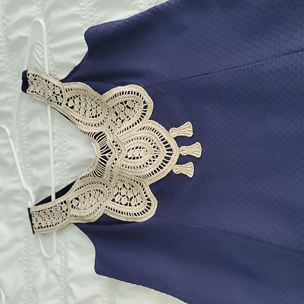 LILY Pulitzer Navy Largo Shift Gold Lace Brocade - Picture 2 of 5